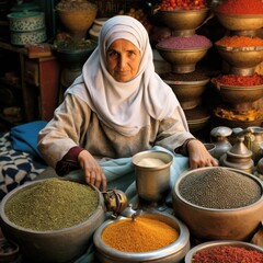 Wall Mural - Arab woman selling spices in the street market. Ai Generative.