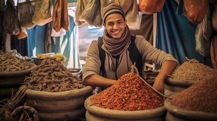 Wall Mural - Young arab man smiling and selling spices in the street market, Ai Generative.