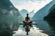 Woman in a yoga practice on water surface. Generative AI