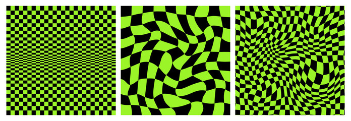 Leinwandbilder - Warp Checkerboard Seamless Patterns Set. Vector Psychedelic Checker Grid Background. Black and Green Waved Bg with Squares. Abstract Geometric Texture