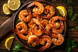 shrimp grilled delicious seasoning spices on wooden cutting board background appetizing cooked shrimps baked prawns , Seafood shelfish with rosemary lemon and lettuce