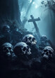 Scary old skulls in fog night forest. Fear and horror. Mistic and apocalypse concept, generative ai 
