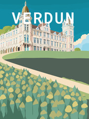 Verdun: Retro tourism poster with a French landscape and the headline Verdun / Grand Est