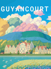 Guyancourt: Retro tourism poster with a French landscape and the headline Guyancourt / Île-de-France