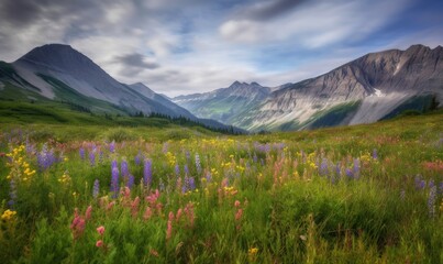  a field of wildflowers in front of a mountain range.  generative ai