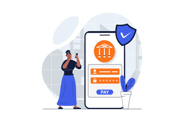 Poster - Secure payment web concept with character scene. Woman gets access with password to mobile banking for paying. People situation in flat design. Illustration for social media marketing material.