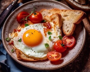 Wall Mural - Toasts with eggs, tomatoes and bacon in a plate, breakfast concept. Tasty fried eggs and bacon on wooden table, top view. AI generat. Tasty fried eggs and bacon on wooden table, top view. AI generated