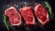 © tanchy25 - Raw steaks with seasonings on stone background, top view. AI generated