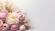 © tanchy25 - Bouquet of piony flowers on цршеу background. Valentine's Day, Easter, Birthday, Happy Women's Day, Mother's Day. Top view, copy space. AI generated