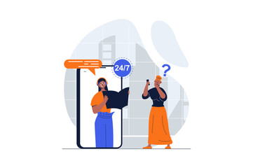 Poster - Customer support web concept with character scene. Woman calling hotline and receives answer to question. People situation in flat design. Illustration for social media marketing material.
