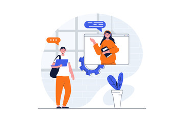 Customer support web concept with character scene. Woman helping client and communicating via video chat. People situation in flat design. Illustration for social media marketing material.