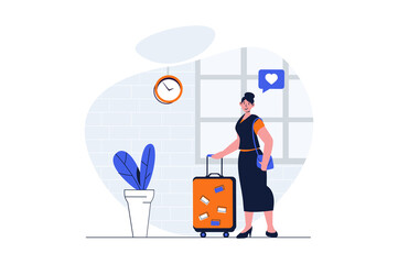 Poster - Travelling web concept with character scene. Woman traveler with suitcase preparing for trip on vacation. People situation in flat design. Illustration for social media marketing material.