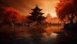 Asian house or far East house by the lake, artistic paintings, cinematic image. Generative Ai