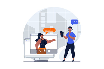 Aufkleber - Video conference web concept with character scene. Women talking and discussing tasks via virtual video chat. People situation in flat design. Illustration for social media marketing material.