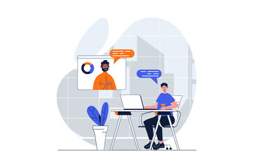 Wall Mural - Video conference web concept with character scene. Men talking and working remotely via virtual video chat. People situation in flat design. Illustration for social media marketing material.