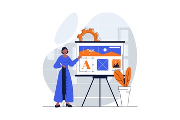 Poster - web development concept with character scene. woman creating different elements and developing layou