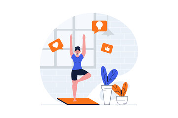 Aufkleber - Yoga asanas concept with character scene. Woman practising yoga postures, stretching and training strong body. People situation in flat design. Illustration for social media marketing material.