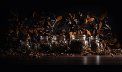 Canvas Print - a group of glass jars filled with dried herbs and leaves. generative ai