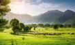  a herd of sheep grazing on a lush green field next to mountains.  generative ai