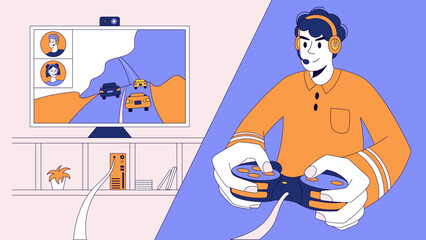 Friends playing video game online together. Teenager in headphones, with headset and microphone, stream. Relaxing with consoles on tv in web during virtual conference. Horizontal vector illustration