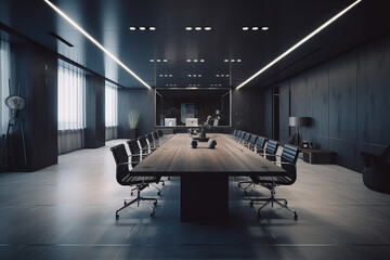 A hyper-realistic business meeting is taking place in an ultra-modern conference room. The room is sparsely decorated with only a few pieces of contemporary furniture.