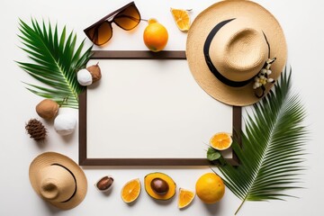 Poster - Summertime songwriting. On a white backdrop, tropical palm fronds, a cap, a picture frame, and a coconut. topic of summer. Flat lay, top view, and copy space. Generative AI