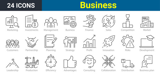Wall Mural - set of 24 Outline Icon Business Management. Set contains such Icons as Vision, Mission, Values, Human Resource, Experience and more