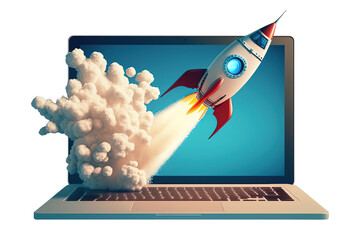 Wall Mural - Rocket and laptop on transparent background PNG, startup concept, Generative AI