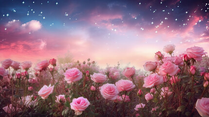 fantasy magical morning or evening sky with fabulous romantic pink rose flowers garden, shining star
