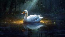 White Swan Swims In The Night Lake. Lonely White Goose In A Forest Pond. Created With AI.