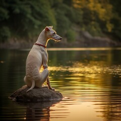 Wall Mural - Whippet's Serene Pose by a Peaceful Lake