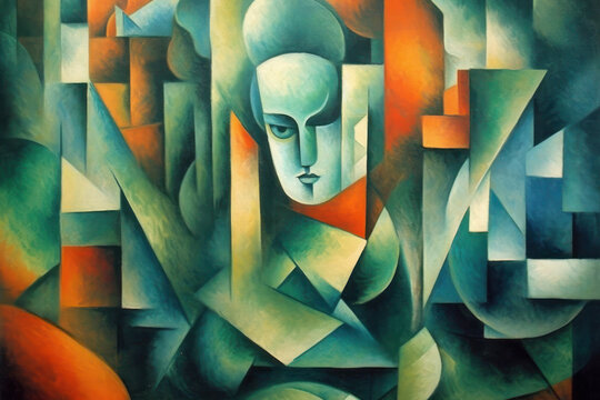 abstract painting in the style of cubism, female portrait. a young woman in vibrant colors on a squa