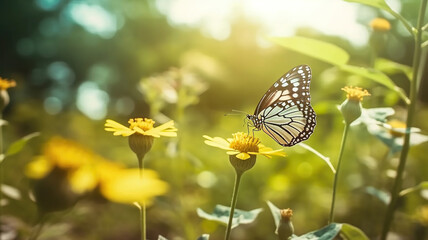 Wall Mural - spring butterfly on a flower background. Generative Ai