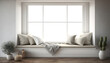 © kitti - Side window seat, There are white room,wood seat,decorate with many pillow, There are big windows look out to see nature view for house advertising and background Generative AI - PNG File
