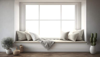 Wall Mural - Side window seat, There are white room,wood seat,decorate with many pillow, There are big windows look out to see nature view for house advertising and background Generative AI - PNG File