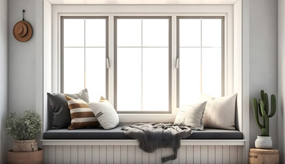 Poster - Side window seat, There are white room,wood seat,decorate with many pillow, There are big windows look out to see nature view for house advertising and background Generative AI - PNG File