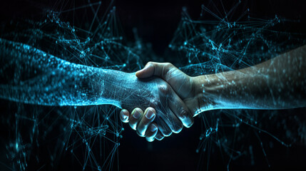 Human shaking hands with an AI, cyan energy, black background, Ai Generated