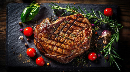 Wall Mural - Grilled ribeye beef steak, herbs and spices. Top view with copy space for your text. Generative Ai