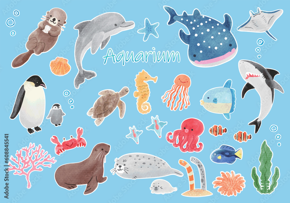 Stock-Vektorgrafik „水族館にいるかわいい生き物たちのイラスト