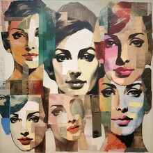Collage Women Faces Collection. Beautiful Female Portraits. Contemporary Art, 50´s Vintage Style. Created With Generative Ai 