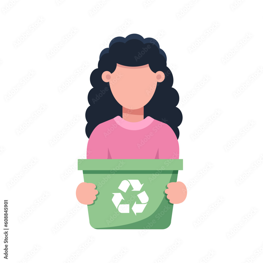 Cute faceless girl putting green garbage in trash cans with symbol of ...