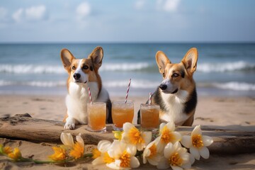 Wall Mural - two Corgi dogs enjoying the beach with some refreshments. Generative AI