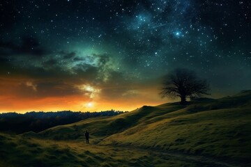 Wall Mural - Nature outside the city and the August night sky with stars. AI generated, human enhanced.