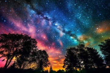 Wall Mural - Forest and night august sky with stars. AI generated, human enhanced.