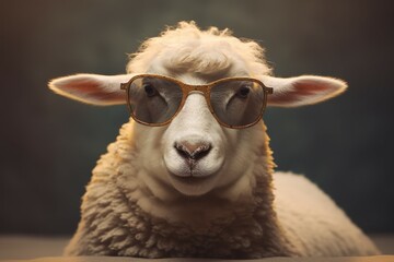 Wall Mural - Funny cute sheep in sunglasses with happy emotion. AI generated, human enhanced