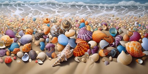 Wall Mural - a picture of seashells and shells on a beach as an example Generative AI