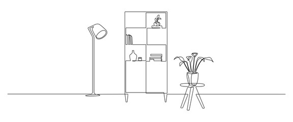 Aufkleber - Continuous one line drawing of cabinet with floor lamp and home plant. Indoor furniture with modern design in simple linear style. Editable stroke. Doodle vector illustration