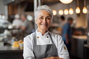 Canvas Print - Portrait of smiling mature female chef standing with arms crossed in commercial kitchen