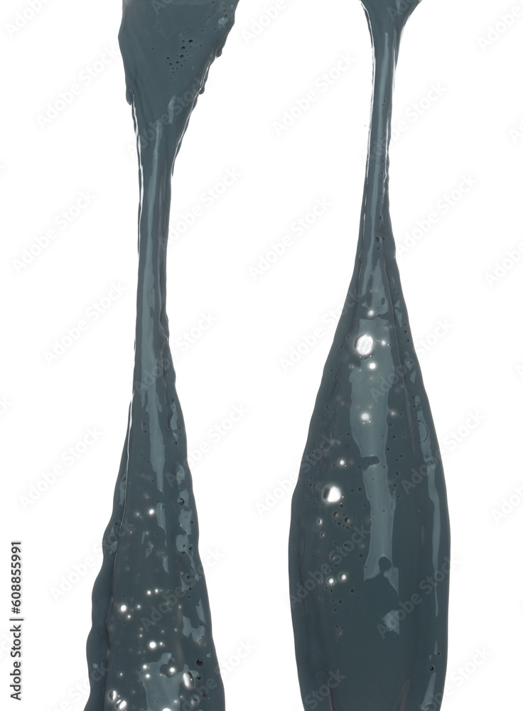 Gray paint liquid fly in mid air. Grey Mud dirty water color soil falling scatter, explosion float in shape form droplet line. White background isolated freeze motion high speed shutter