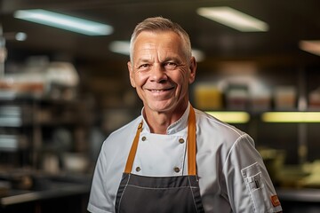 Canvas Print - Portrait of mature male chef smiling at camera while standing in restaurant kitchen